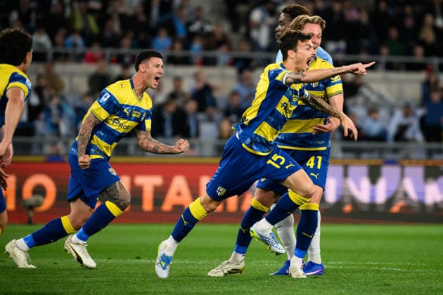 Enrico Delprato of Parma Calcio celebrates after scoring the goal of 0-1 during the Serie A 2025 2026 football match between SS Lazio and Parma Calcio at Stadio Olimpico in Rome (Italy), April 4, 2026. AndreaxStaccioli