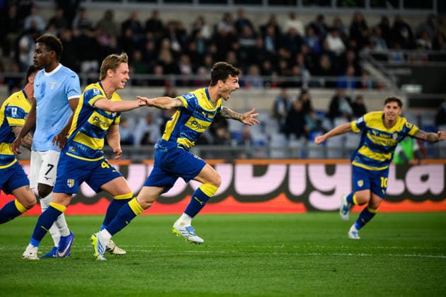 Enrico Delprato of Parma Calcio celebrates after scoring the goal of 0-1 during the Serie A 2025 2026 football match between SS Lazio and Parma Calcio at Stadio Olimpico in Rome (Italy), April 4, 2026. AndreaxStaccioli