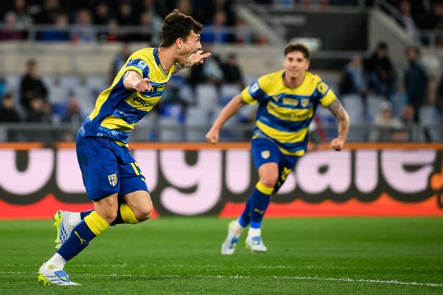 Enrico Delprato of Parma Calcio celebrates after scoring the goal of 0-1 during the Serie A 2025 2026 football match between SS Lazio and Parma Calcio at Stadio Olimpico in Rome (Italy), April 4, 2026. AndreaxStaccioli