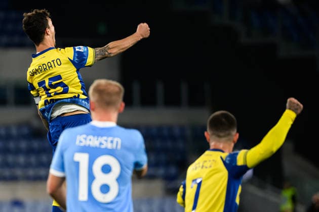 Enrico Delprato of Parma Calcio celebrates after scoring the goal of 0-1 during the Serie A 2025 2026 football match between SS Lazio and Parma Calcio at Stadio Olimpico in Rome (Italy), April 4, 2026. AndreaxStaccioli