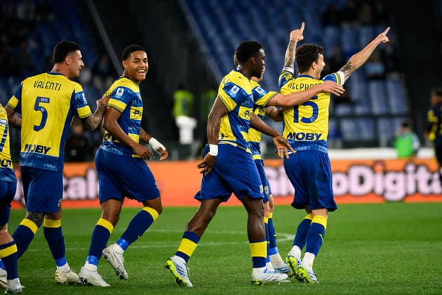 Enrico Delprato of Parma Calcio celebrates with team mates after scoring the goal of 0-1 during the Serie A 2025 2026 football match between SS Lazio and Parma Calcio at Stadio Olimpico in Rome (Italy), April 4, 2026. AndreaxStaccioli