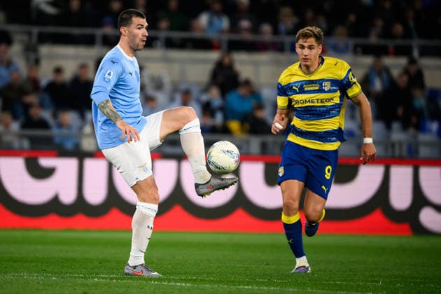 Alessio Romagnoli of SS Lazio and Mateo Pellegrino of Parma Calcio during the Serie A 2025 2026 football match between SS Lazio and Parma Calcio at Stadio Olimpico in Rome (Italy), April 4, 2026. AndreaxStaccioli