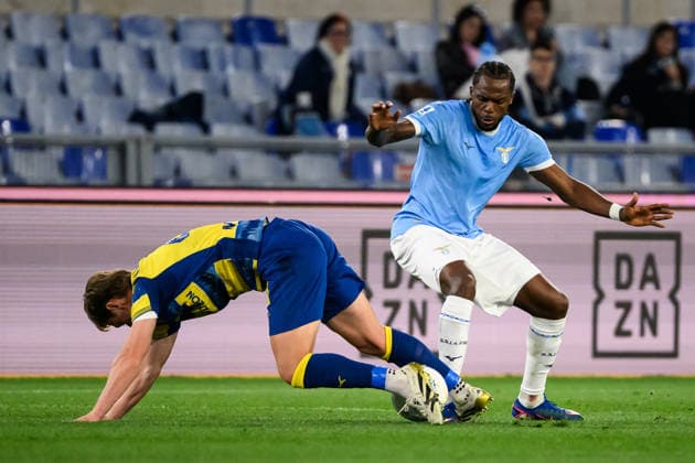 Hans Nicolussi Caviglia of Parma Calcio and Nuno Tavares of SS Lazio compete for the ball during the Serie A 2025 2026 football match between SS Lazio and Parma Calcio at Stadio Olimpico in Rome (Italy), April 4, 2026. AndreaxStaccioli