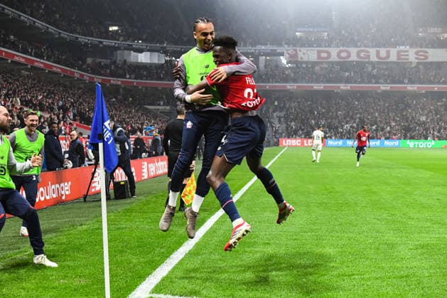 FOOTBALL : Lille OSC vs RC Lens - Ligue 1 - JournÃ e 28 - 04 04 2026 Joie des joueurs du LOSC aprÃ s le but de Felix Correia (Lille OSC) LilleFrance  Copyright: xBaptistexAutissierx