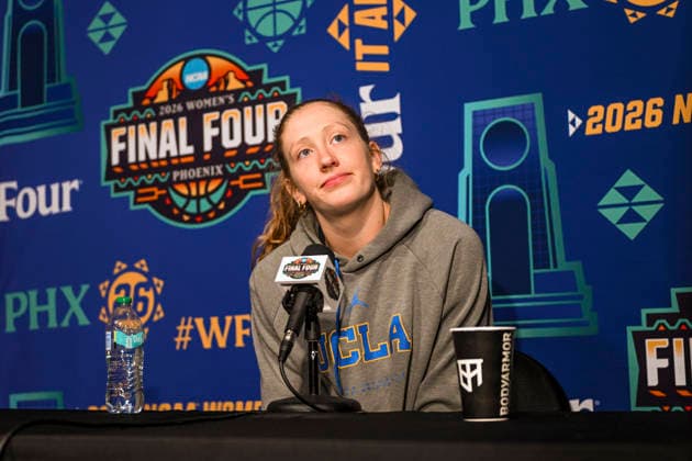 NCAA, College League, USA Basketball: Final Four-UCLA press conference, PK, Pressekonferenz and Practice UCLA Bruins guard Gianna Kneepkens (8) addresses the media during a press conference at the Mortgage Matchup Center on April 4, 2026 in Phoenix, Arizona. (Thomas Fernandez Image of . Phoenix Arizona United States EDITORIAL USE ONLY Copyright: xImagexofxSportx ThomasxFernandezx iosphotos403992