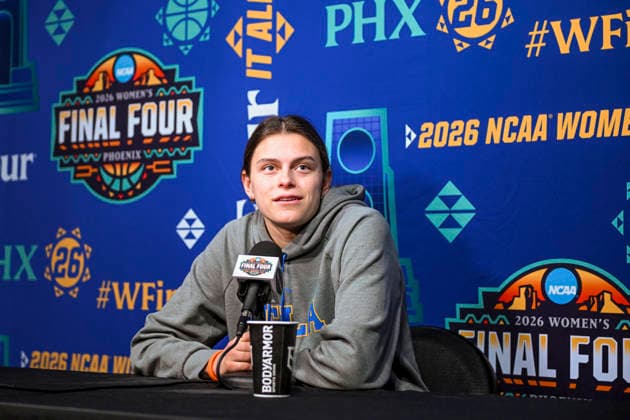 NCAA, College League, USA Basketball: Final Four-UCLA press conference, PK, Pressekonferenz and Practice UCLA Bruins forward Gabriela Jaquez (11) addresses the media during a press conference at the Mortgage Matchup Center on April 4, 2026 in Phoenix, Arizona. (Thomas Fernandez Image of . Phoenix Arizona United States EDITORIAL USE ONLY Copyright: xImagexofxSportx ThomasxFernandezx iosphotos403994