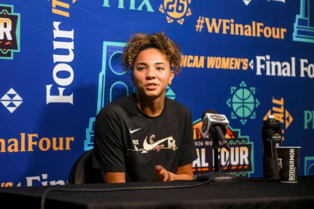 NCAA, College League, USA Basketball: Final Four-UCLA press conference, PK, Pressekonferenz and Practice UCLA Bruins guard Kiki Rice (1) addresses the media during a press conference at the Mortgage Matchup Center on April 4, 2026 in Phoenix, Arizona. (Thomas Fernandez Image of . Phoenix Arizona United States EDITORIAL USE ONLY Copyright: xImagexofxSportx ThomasxFernandezx iosphotos403996