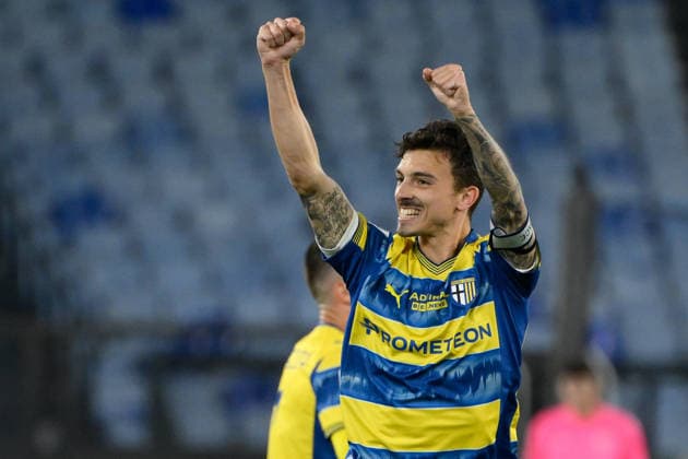 Parmaâ??s Enrico Delprato celebrates after scoring the goal 0-1 during the Italian Football Championship League A 2025 2026 match between SS Lazio vs Parma Calcio at the Olimpic Stadium in Rome on 04 April 2026.  Copyright: xFabrizioxCorradetti IPAxSportx xipa-agency.netx xx IPA_73756994 IPA_Agency_IPA73756994