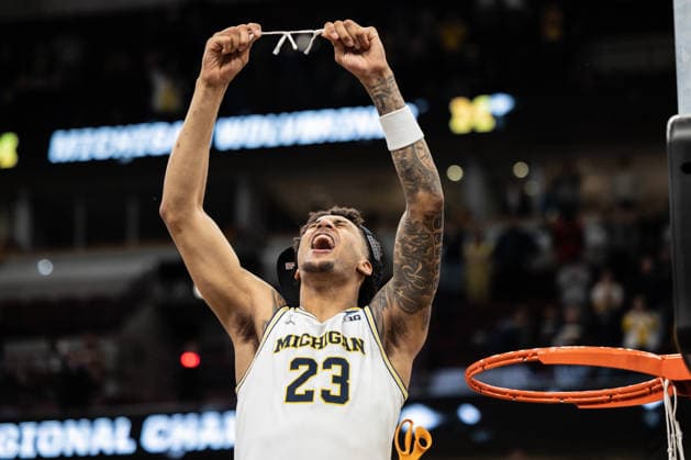 Michigan Wolverines Vs Tennessee Volunteers in Chicago, US - 29 Mar 2026 Yaxel Lendeborg of the Michigan Wolverines celebrates after a win against the Tennessee Volunteers in the Elite Eight round of the NCAA, College League, USA Men s Basketball Tournament at the United Center. Final score; Michigan 95-62 Tennessee. Chicago United States Copyright: xNicholasxMullerx xSOPAxImagesx NMULLER_MICH_TENN_NCAAELITE8(48)