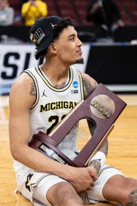March 29, 2026, Chicago, Illinois, United States: Yaxel Lendeborg of the Michigan Wolverines celebrates after a win against the Tennessee Volunteers in the Elite Eight round of the NCAA, College League, USA Men s Basketball Tournament at the United Center. Final score; Michigan 95-62 Tennessee. Chicago United States - ZUMAs197 20260329_aaa_s197_906 Copyright: xNicholasxMullerx