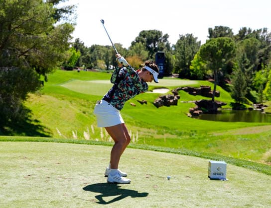 LAS VEGAS, NV - APRIL 03: LPGA, Golf Damen golfer Anne van Dam plays a tee shot on the 11th hole during the second round of the Aramco Championship on April 3, 2026, at Shadow Creek Golf Course in Las Vegas, Nevada. (Photo by Brian Spurlock Icon Sportswire) GOLF: APR 03 LPGA Aramco Championship EDITORIAL USE ONLY Icon26040374