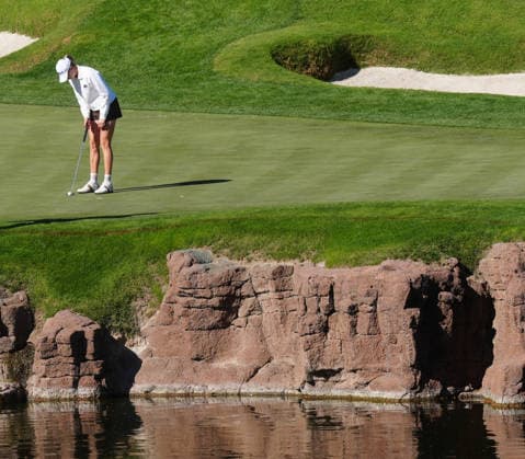 LAS VEGAS, NV - APRIL 03: LPGA, Golf Damen golfer Nataliya Guseva putts on the 18th hole during the second round of the Aramco Championship on April 3, 2026, at Shadow Creek Golf Course in Las Vegas, Nevada. (Photo by Brian Spurlock Icon Sportswire) GOLF: APR 03 LPGA Aramco Championship EDITORIAL USE ONLY Icon26040390