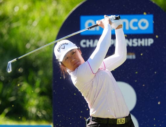 LAS VEGAS, NV - APRIL 03: LPGA, Golf Damen golfer Jing Yan plays her tee shot on the 8th hole during the second round of the Aramco Championship on April 3, 2026, at Shadow Creek Golf Course in Las Vegas, Nevada. (Photo by Brian Spurlock Icon Sportswire) GOLF: APR 03 LPGA Aramco Championship EDITORIAL USE ONLY Icon260403109