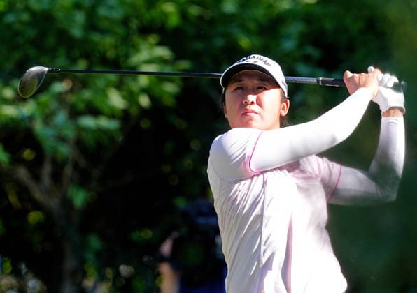 LAS VEGAS, NV - APRIL 03: LPGA, Golf Damen golfer Jing Yan plays her tee shot on the 9th hole during the second round of the Aramco Championship on April 3, 2026, at Shadow Creek Golf Course in Las Vegas, Nevada. (Photo by Brian Spurlock Icon Sportswire) GOLF: APR 03 LPGA Aramco Championship EDITORIAL USE ONLY Icon260403111