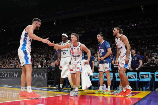 NBL KINGS 36ERS, Nick Rakocevic of the 36ers with Isaac White of the 36ers and their teammates on the bench during NBL grand final, game five, Sydney Kings v Adelaide 36ers, at Qudos Bank Arena in Sydney, Sunday, April 5, 2026. ( NO ARCHIVING, EDITORIAL USE ONLY SYDNEY NEW SOUTH WALES AUSTRALIA  Copyright: xROBBIExSTEPHENSONx 20260405191765104010
