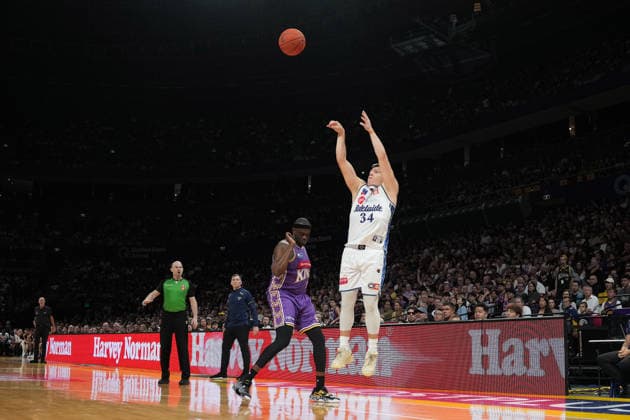 NBL KINGS 36ERS, Dejan Vasilijevic of the 36ers shoots during NBL grand final, game five, Sydney Kings v Adelaide 36ers, at Qudos Bank Arena in Sydney, Sunday, April 5, 2026. ( NO ARCHIVING, EDITORIAL USE ONLY SYDNEY NEW SOUTH WALES AUSTRALIA  Copyright: xROBBIExSTEPHENSONx 20260405148943145197
