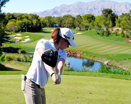 LAS VEGAS, NV - APRIL 04: LPGA, Golf Damen golfer Leona Maguire plays her tee shot on the 9th hole during the third round of the Aramco Championship on April 4, 2026, at Shadow Creek Golf Course in Las Vegas, Nevada. (Photo by Brian Spurlock Icon Sportswire) GOLF: APR 04 LPGA Aramco Championship EDITORIAL USE ONLY Icon26040418