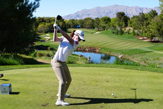 LAS VEGAS, NV - APRIL 04: LPGA, Golf Damen golfer Leona Maguire plays her tee shot on the 9th hole during the third round of the Aramco Championship on April 4, 2026, at Shadow Creek Golf Course in Las Vegas, Nevada. (Photo by Brian Spurlock Icon Sportswire) GOLF: APR 04 LPGA Aramco Championship EDITORIAL USE ONLY Icon26040420