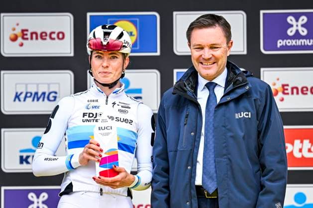 Ronde van Vlaanderen Women 2026 Cycling Race OUDENAARDE, BELGIUM - APRIL 05 : Lappartient David (FRA) president of UCI, Vollering Demi (NED) of FDJ United - SUEZ on stage before the start of the race during the 23rd edition of Ronde van Vlaanderen Women an UCI Women s World Tour 1.WWT one day cycling road race for Women Elite of 164 km with start in Oudenaarde and finish in Oudenaarde on April 5, 2026 in Oudenaarde, Belgium, 05 04 2026 ( Motordriver Serge Seynaeve - Oudenaarde Belgium  Copyright: xTomasxSiskx