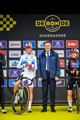 Ronde van Vlaanderen Women 2026 Cycling Race OUDENAARDE, BELGIUM - APRIL 05 : Lappartient David (FRA) president of UCI, Vollering Demi (NED) of FDJ United - SUEZ on stage before the start of the race during the 23rd edition of Ronde van Vlaanderen Women an UCI Women s World Tour 1.WWT one day cycling road race for Women Elite of 164 km with start in Oudenaarde and finish in Oudenaarde on April 5, 2026 in Oudenaarde, Belgium, 05 04 2026 ( Motordriver Serge Seynaeve - Oudenaarde Belgium  Copyright: xTomasxSiskx