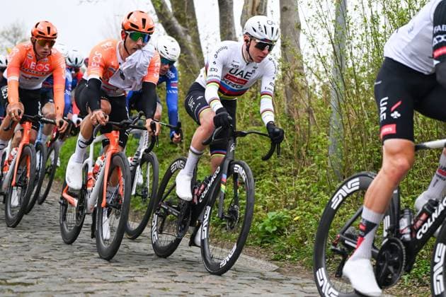 Slovenian Tadej Pogacar of UAE Team Emirates pictured in action on Paddestraat during the men s race of the Ronde van Vlaanderen Tour des Flandres Tour of Flanders UCI WorldTour one day cycling race, 278 km from Antwerp to Oudenaarde, Sunday 05 April 2026. ELIASxROM  x169860547x