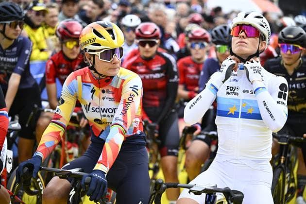 Belgian Lotte Kopecky of SD Worx-Protime and Dutch Demi Vollering of FDJ United-Suez pictured at the start of the women s race of the Ronde van Vlaanderen Tour des Flandres Tour of Flanders UCI WorldTour one day cycling race, 164,1 km with start and finish in Oudenaarde, Sunday 05 April 2026. JASPERxJACOBS  x169863147x
