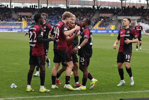 05 04 2026 Soccer Season 2025 2026 2 Soccer Bundesliga 28 Matchday Eintracht Braunschweig BTSV EBS 1 FC Nürnberg FCN Club Sportfoto Zink DaMa xdaxmax DFL regulations prohibit any use of photographs as image sequences and or quasi video only for editorial use Jubel Freude Torjubel nach Tor zum 0 1 Rabby Nzingoula 22, 1 FC Nürnberg FCN und Mannschaft Team jubelt freut sich Torschütze Rabby Nzingoula 22, 1 FC Nürnberg FCN