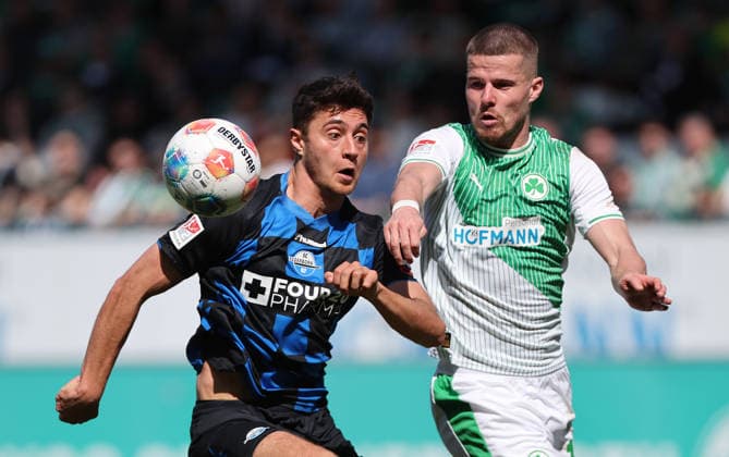 Marino Stefano - Elvedi Jan , SpVgg Greuther Fürth-SC Paderborn 07 , 2.Bundesliga , Fußball , in Sportpark Ronhof Thomas Sommer Stadion, in Fürth , Bayern , Deutschland. April 05 , 2026 . Photo by: Davide Elias IPA Photo Pressefoto DENL Copyright: xDavidexEliasx