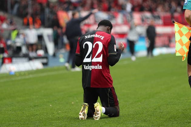 Braunschweig vs Nuremberg 2 BL Braunschweig, 05 04 2026, Football, Men, 2 BL, Season 2025 2026, Eintracht Braunschweig vs 1 FC Nuremberg Rabby Nzingoula 1 FC Nuremberg cheers after his goal to 0 1 DFL DFB REGULATIONS PROHIBIT ANY USE OF PHOTOGRAPHS as IMAGE SEQUENCES and or QUASI VIDEO Stadion an der Hamburger Straße Niedersachsen Germany