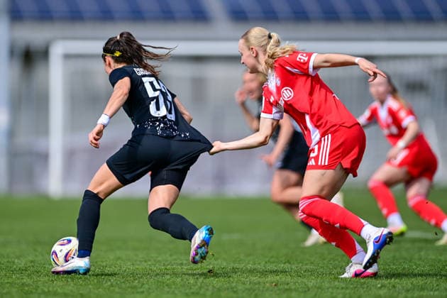 v li Laura Gasanovas Viktoria Berlin, 53 Luzie Zaehringer FCB, 5 in duel, duel, tackle, dynamic, action, action, 05 04 2026, Aschheim Germany , Soccer,2 Women Bundesliga, FC Bayern München II Viktoria Berlin, DFB DFL REGULATIONS PROHIBIT ANY USE OF PHOTOGRAPHS AS IMAGE SEQUENCES AND OR QUASI VIDEO xslx