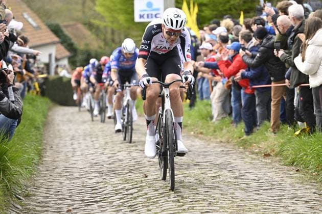 Belgian Florian Vermeersch of UAE Team Emirates-XRG pictured in action on Molenberg during the men s race of the Ronde van Vlaanderen Tour des Flandres Tour of Flanders UCI WorldTour one day cycling race, 278km with start and finish in Antwerpen, Sunday 05 April 2026. POOLxNICOxVEREECKEN  x169868202x