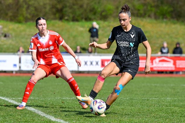 from left Laila Portella FCB, 19 Katharina Krist Viktoria Berlin, 18 in duel, duel, tackle, dynamic, action, action, 05 04 2026, Aschheim Germany , Soccer,2 Women Bundesliga, FC Bayern München II Viktoria Berlin, DFB DFL REGULATIONS PROHIBIT ANY USE OF PHOTOGRAPHS AS IMAGE SEQUENCES AND OR QUASI VIDEO xslx