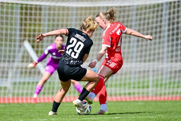 v li Nina Ehegoetz Viktoria Berlin, 29 Eszter Reszler FCB, 2 in duel, duel, tackle, dynamics, action, action, 05 04 2026, Aschheim Germany , Football,2 Women Bundesliga, FC Bayern München II Viktoria Berlin, DFB DFL REGULATIONS PROHIBIT ANY USE OF PHOTOGRAPHS AS IMAGE SEQUENCES AND OR QUASI VIDEO xslx