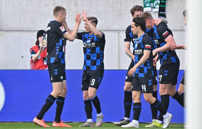 05 04 2026 Soccer Season 2025 2026 2 Soccer Bundesliga 28 Matchday SpVgg Greuther Fürth Kleeblatt SGF SC Paderborn 07 SCP Sportfoto Zink MeZi xmexzix DFL regulations prohibit any use of photographs as image sequences and or quasi video only for editorial use Torjubel Jubel Freude nach Treffer Tor Torschuß zum 0 2 durch Filip Bilbija 7, SC Paderborn 07