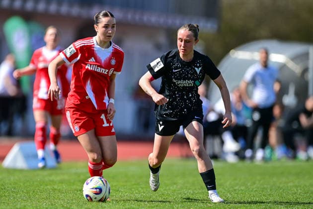 v li Laila Portella FCB, 19 Pia Metzker Viktoria Berlin, 15 in duel, duel, tackle, dynamic, action, action, 05 04 2026, Aschheim Germany , Football,2 Women Bundesliga, FC Bayern München II Viktoria Berlin, DFB DFL REGULATIONS PROHIBIT ANY USE OF PHOTOGRAPHS AS IMAGE SEQUENCES AND OR QUASI VIDEO xslx