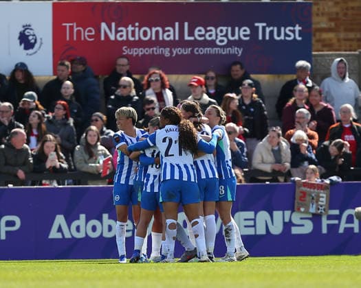 BOREHAMWOOD, ENGLAND - APRIL 05: GOAL 0-2. Players of Brighton and Hove Albion celebrate second goal during the Adobe Womens FA Cup match between Arsenal and Brighton and Hove Albion at Mangata Developments Stadium Meadow Park on April 05, 2026 in Borehamwood, England. Copyright: xJayxPatel SPPx Sportspressphoto_SPR124848