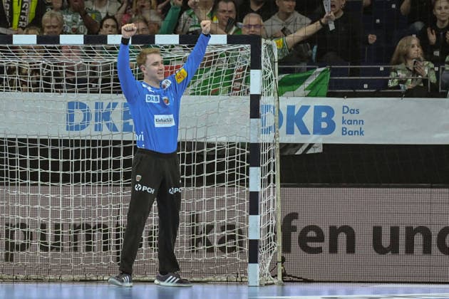 05 04 2026, xlakx, Handball Daikin HBL, Fuechse Berlin SC DHfK Leipzig v l Lasse Ludwig Fuechse Berlin Jubel Berlin Daniel Lakomski