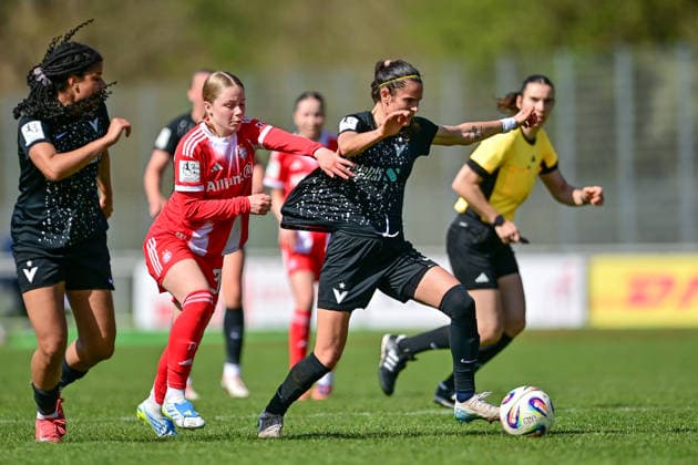 v li Victoria Ezebinyuo Viktoria Berlin, 28 Greta Huenten FCB, 33 Laura Gasanovas Viktoria Berlin, 53 on jersey, duel, duel, tackle, dynamic, action, action, 05 04 2026, Aschheim Germany , Football,2 Women Bundesliga, FC Bayern München II Viktoria Berlin, DFB DFL REGULATIONS PROHIBIT ANY USE OF PHOTOGRAPHS AS IMAGE SEQUENCES AND OR QUASI VIDEO xslx