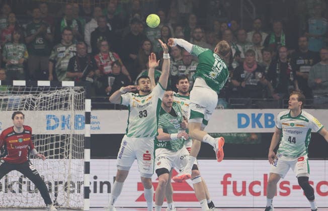 GER HBL season 2025 2026 FÜCHSE Berlin vs SC DhfK Leipzig, 05 04 26, Max Schmeling Halle, Berlin, Domenico EBNER SC DHfK Leipzig 1 , Luka ROGAN SC DHfK Leipzig 33 , Mijajlo MARSENIC Füchse Berlin 93 , Mathias GIDSEL Füchse Berlin 19 , Blaer HINRIKSSON SC DHfK Leipzig 44