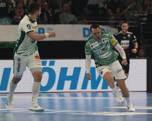 GER HBL season 2025 2026 FÜCHSE Berlin vs SC DhfK Leipzig, 05 04 26, Max Schmeling Halle, Berlin, Aitor ARINO Füchse Berlin 14 , Cheering after scoring, Emotion, Fist