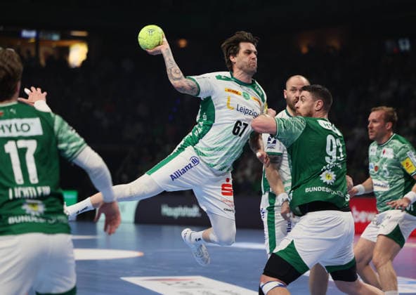 GER HBL season 2025 2026 FÜCHSE Berlin vs SC DhfK Leipzig, 05 04 26, Max Schmeling Halle, Berlin, Nils LICHTLEIN Füchse Berlin 17 , Dean BOMBAC SC DHfK Leipzig 67 , Mijajlo MARSENIC Füchse Berlin 93 , Moritz PREUSS SC DHfK Leipzig 24 , Max DARJ Füchse Berlin 5