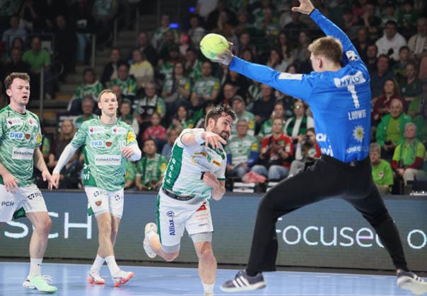 GER HBL Season 2025 2026 FÜCHSE Berlin vs SC DhfK Leipzig, 05 04 26, Max Schmeling Halle, Berlin, Lasse LUDWIG Füchse Berlin 1 saves the throw from Lucas BINDER SC DHfK Leipzig 11
