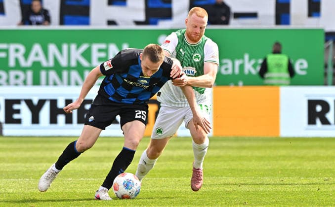 05 04 2026 Soccer Season 2025 2026 2 Soccer Bundesliga 28 Matchday SpVgg Greuther Fürth Kleeblatt SGF SC Paderborn 07 SCP Sportfoto Zink MeZi xmexzix DFL regulations prohibit any use of photographs as image sequences and or quasi video only for editorial use Tjark Scheller 25, SC Paderborn 07 Paul Will 13, SpVgg Greuther Fürth, rechts