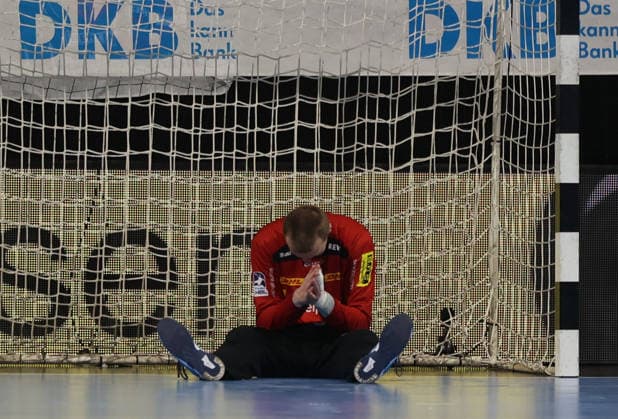 GER HBL Season 2025 2026 FÜCHSE Berlin vs SC DhfK Leipzig, 05 04 26, Max Schmeling Halle, Berlin, Tomas MRKVA SC DHfK Leipzig 16 struggles with his front men, who cannot secure the rebound after a successful save, emotion, praying hands