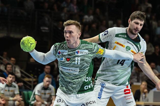 05 04 2026, xlakx, Handball Daikin HBL, Fuechse Berlin SC DHfK Leipzig v l Lasse Andersson Fuechse Berlin , Marko Mamic SC DHfK Leipzig duel, duel, fight, tackle Berlin Daniel Lakomski