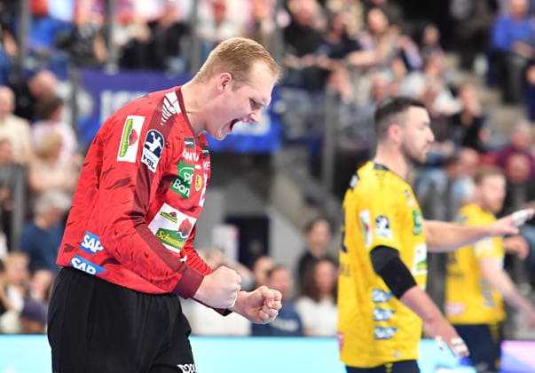 05 04 2026 Handball 1 Bundesliga DAIKIN HBL Season 2025 2026 27 Matchday HC Erlangen Metropolitan Region Nuremberg HCE Rhein Neckar Löwen OGo xogox David Späth Spaeth 29, Rhein Neckar Löwen Jubel Freude