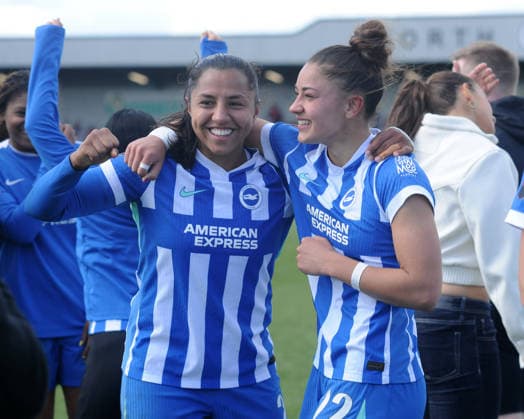 Football - 2025 2026 Adobe Women s FA Cup - Quarter-Final: Arsenal vs. Brighton & Hove Albion - Mangata Devlopments Stadium, Meadow Park, Borehamwood - Sunday 5th April 2026 Manuela Vanegas, Carla Camacho of Brighton celebrates after the match 
