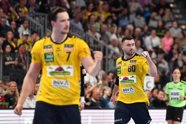05 04 2026 Handball 1 Bundesliga DAIKIN HBL Season 2025 2026 27 Matchday HC Erlangen Metropolregion Nuremberg HCE Rhein Neckar Löwen OGo xogox Robert Timmermeister 7, Rhein Neckar Löwen Jannik Kohlbacher 80, Rhein Neckar Löwen Jubel Freude