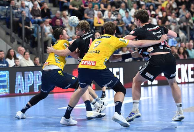 05 04 2026 Handball 1 Bundesliga DAIKIN HBL Season 2025 2026 27 Matchday HC Erlangen Metropolregion Nuremberg HCE Rhein Neckar Löwen OGo xogox Robert Timmermeister 7, Rhein Neckar Löwen Steven Plucnar Jacobsen 9, Rhein Neckar Löwen Andri Mar Runarsson 4, HC Erlangen HCE