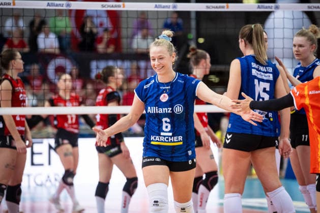 Antonia Stautz Allianz MTV Stuttgart, 06 Laughing, Joy GER, Allianz MTV Stuttgart Dresdner SC, Volleyball Bundesliga, VBL, Season 2025 2026, Playoffs Semifinal, Match 1, 05 04 2026 GER, Allianz MTV Stuttgart Dresdner SC, Volleyball Bundesliga, VBL, Season 2025 2026, Playoffs Semifinal, Match 1, 05 04 2026 Stuttgart Copyright: xSandyxDinkelackerx EP_SDR